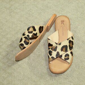 BC Women's 7 Calf Hair Cheetah Print Flat Slide Sandals EUC!
